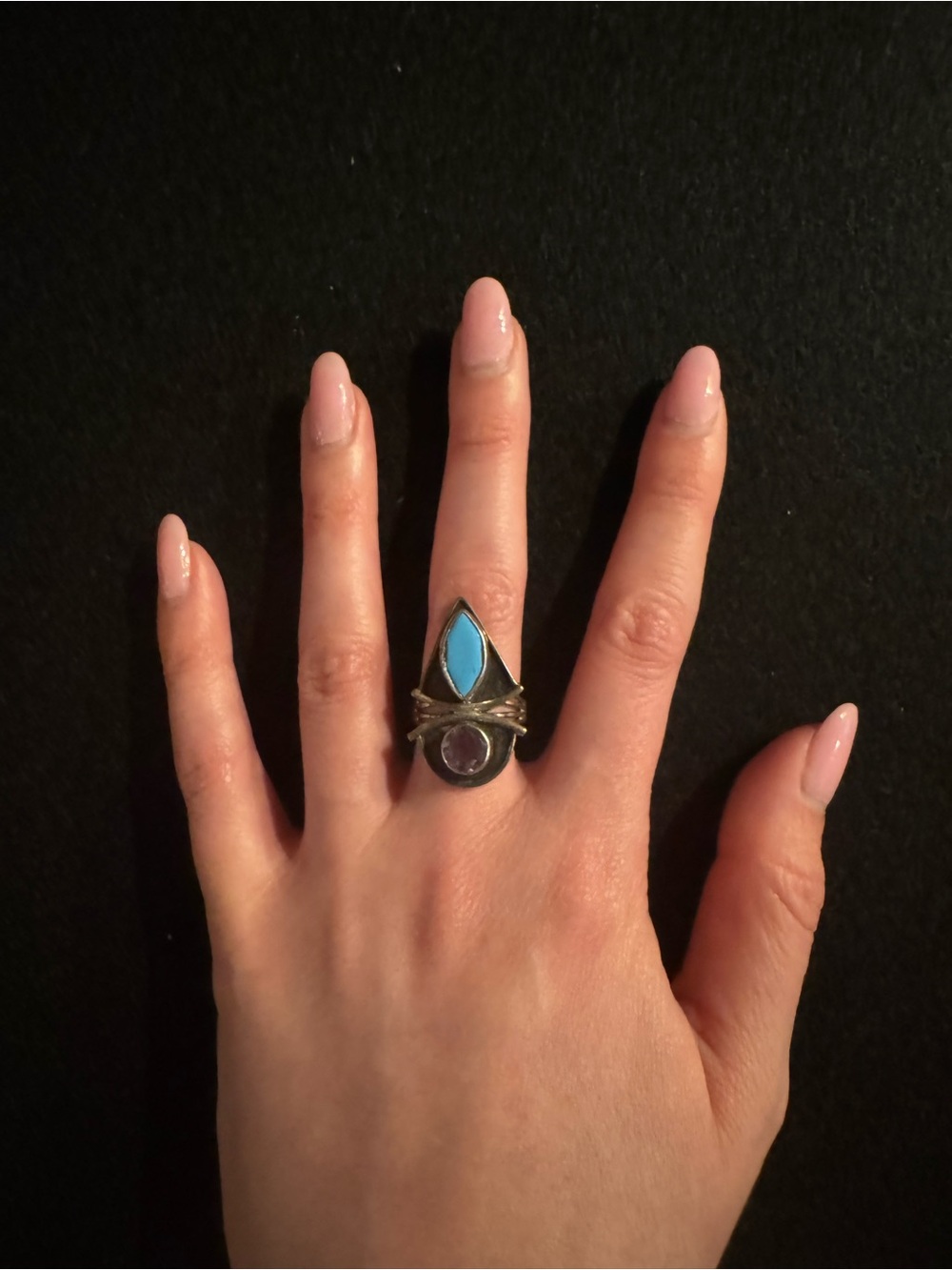 Silver Turquoise & Amethyst Teardrop Statement Ring - Blue/Purple